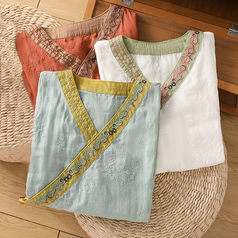 Buddha Stonesサマー ヴィンテージ 刺繍 植物 花柄 レースアップデザイン Vネック レディース コットンリネン シャツ - image 25