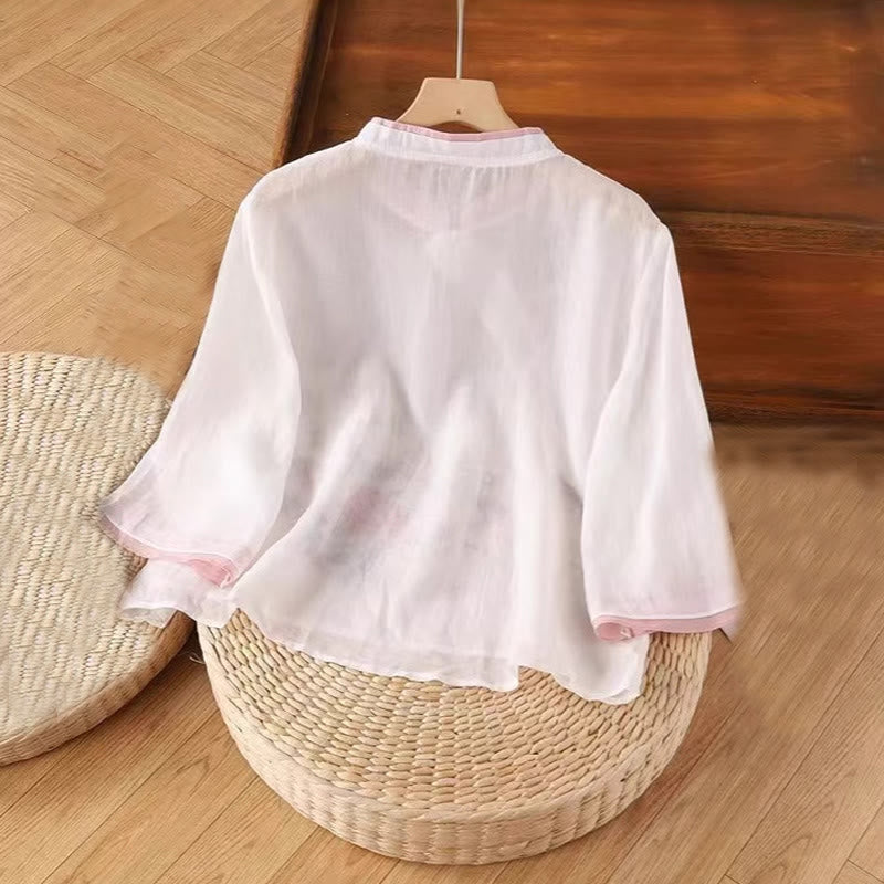 Buddha Stonesヴィンテージ 禅刺繍 植物 花柄 中国風 カエルボタンデザイン 七分袖 レディース コットンリネン シャツ - image 2