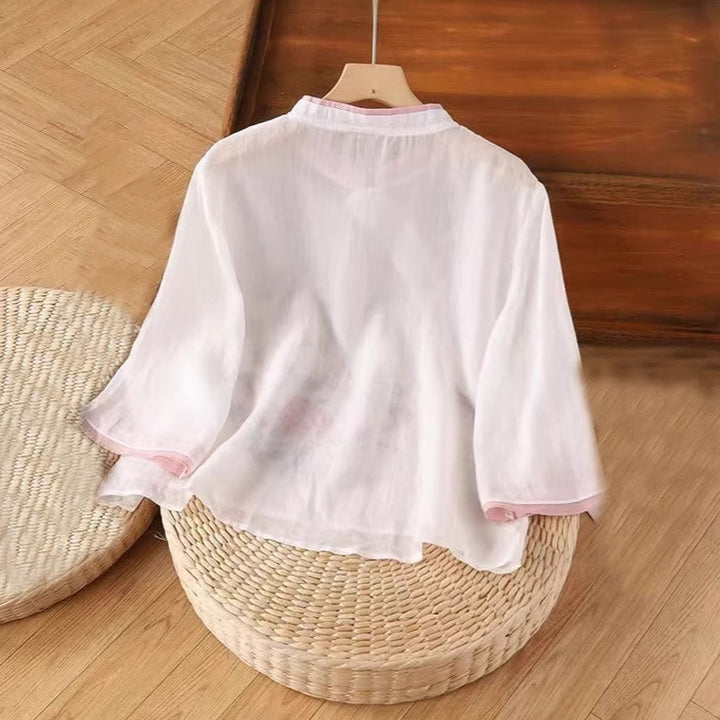 Buddha Stonesヴィンテージ 禅刺繍 植物 花柄 中国風 カエルボタンデザイン 七分袖 レディース コットンリネン シャツ - image 2