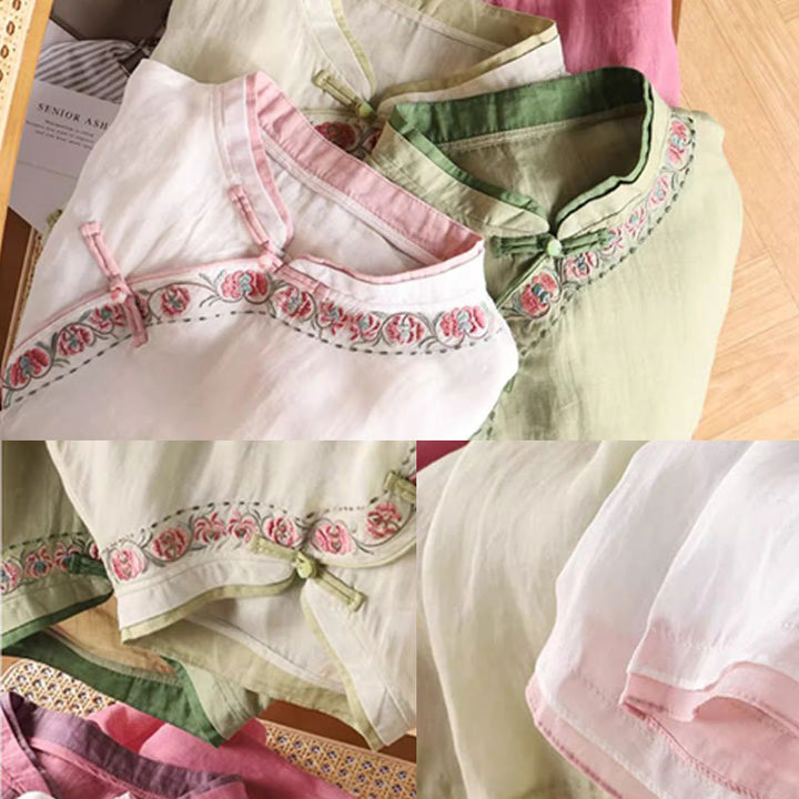 Buddha Stonesヴィンテージ 禅刺繍 植物 花柄 中国風 カエルボタンデザイン 七分袖 レディース コットンリネン シャツ - image 7