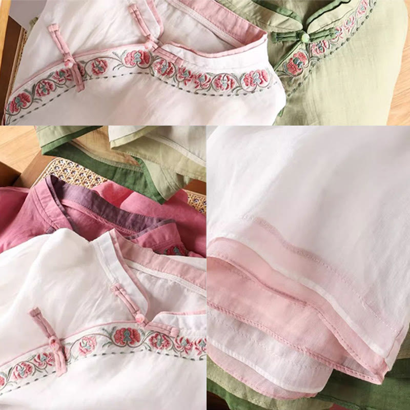 Buddha Stonesヴィンテージ 禅刺繍 植物 花柄 中国風 カエルボタンデザイン 七分袖 レディース コットンリネン シャツ - image 6