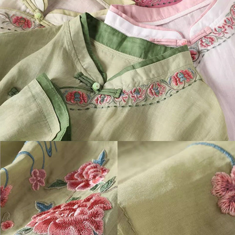 Buddha Stonesヴィンテージ 禅刺繍 植物 花柄 中国風 カエルボタンデザイン 七分袖 レディース コットンリネン シャツ - image 5