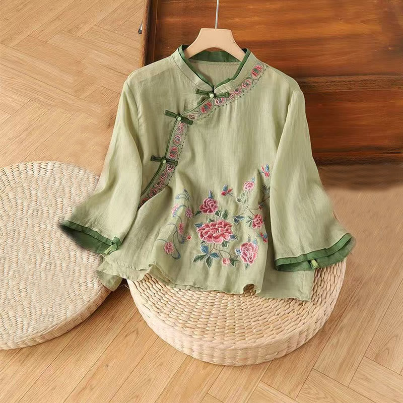 Buddha Stonesヴィンテージ禅刺繍 植物花柄 中国風カエルボタンデザイン 七分袖 レディースシャツ - ライトグリーン - US12、 UK/AU16、EU44（4XL） - image 0
