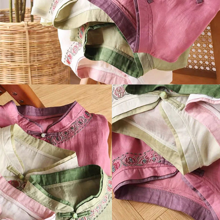 Buddha Stonesヴィンテージ 禅刺繍 植物 花柄 中国風 カエルボタンデザイン 七分袖 レディース コットンリネン シャツ - image 8