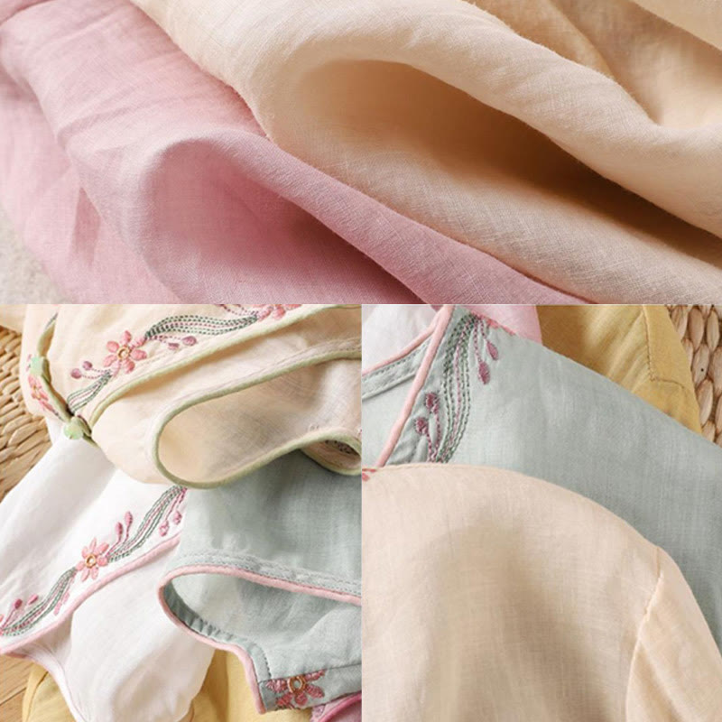 Buddha Stones春のレトロ刺繍ボタンデザイン七分袖レディースコットンシャツ - image 8