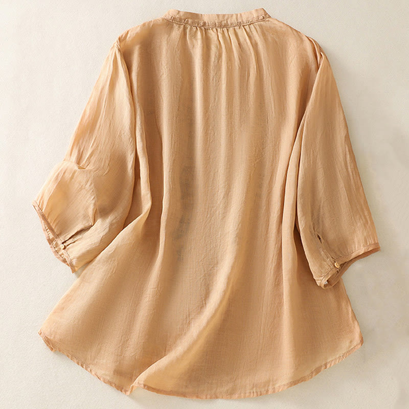 Buddha Stonesカジュアル アーティスティック 刺繍 葉っぱ柄 レディース コットンリネン 七分袖 シャツ カーディガン - image 1