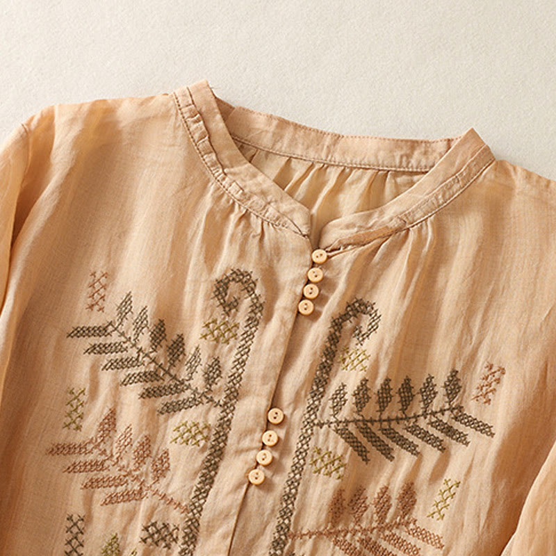 Buddha Stonesカジュアル アーティスティック 刺繍 葉っぱ柄 レディース コットンリネン 七分袖 シャツ カーディガン - image 2