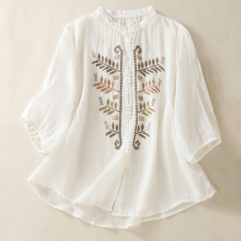 Buddha Stonesカジュアル アーティスティック 刺繍 葉っぱ柄 レディース コットンリネン 七分袖 シャツ カーディガン - 白 - US8-10，UK/AU12-14，EU40-42 (2XL) - image 14