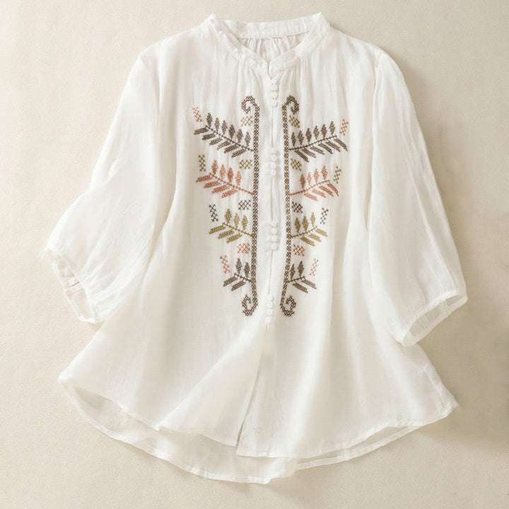 Buddha Stonesカジュアル アーティスティック 刺繍 葉っぱ柄 レディース コットンリネン 七分袖 シャツ カーディガン - 白 - US8-10，UK/AU12-14，EU40-42 (2XL) - image 14