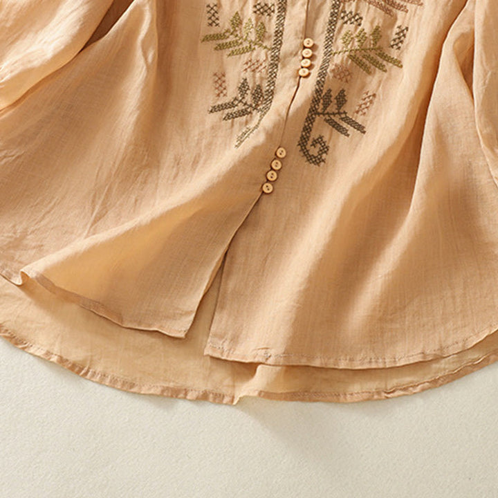 Buddha Stonesカジュアル アーティスティック 刺繍 葉っぱ柄 レディース コットンリネン 七分袖 シャツ カーディガン - image 7