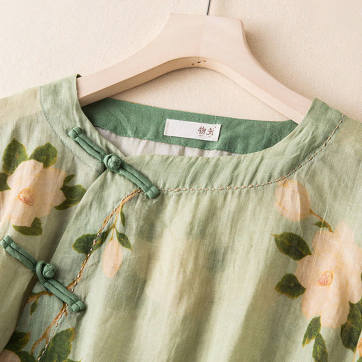 Buddha Stonesライトグリーン カジュアル アーティスティックプリント 花柄 中国風 カエルボタンデザイン レディース コットンリネン 長袖シャツ カーディガン - image 2