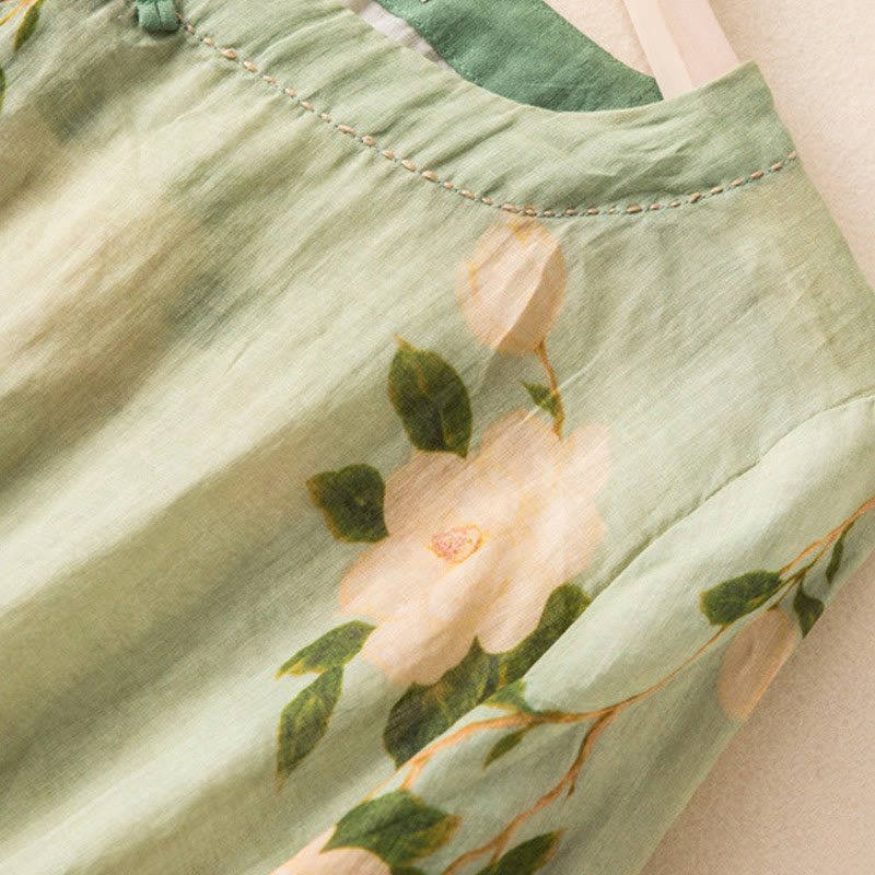 Buddha Stonesライトグリーン カジュアル アーティスティックプリント 花柄 中国風 カエルボタンデザイン レディース コットンリネン 長袖シャツ カーディガン - image 4