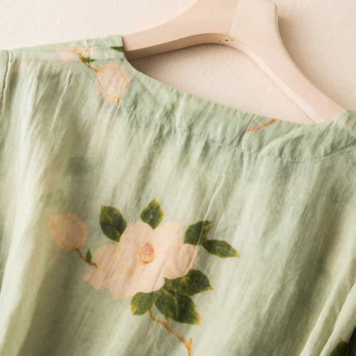 Buddha Stonesライトグリーン カジュアル アーティスティックプリント 花柄 中国風 カエルボタンデザイン レディース コットンリネン 長袖シャツ カーディガン - image 5