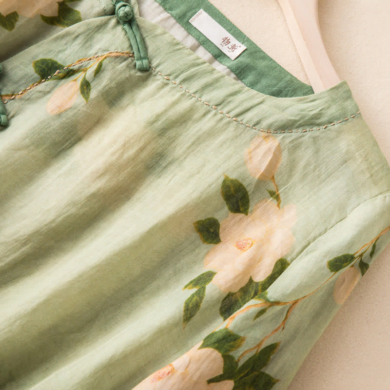 Buddha Stonesライトグリーン カジュアル アーティスティックプリント 花柄 中国風 カエルボタンデザイン レディース コットンリネン 長袖シャツ カーディガン - image 3