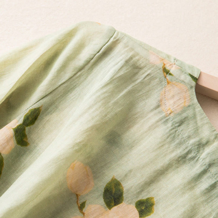 Buddha Stonesライトグリーン カジュアル アーティスティックプリント 花柄 中国風 カエルボタンデザイン レディース コットンリネン 長袖シャツ カーディガン - image 7