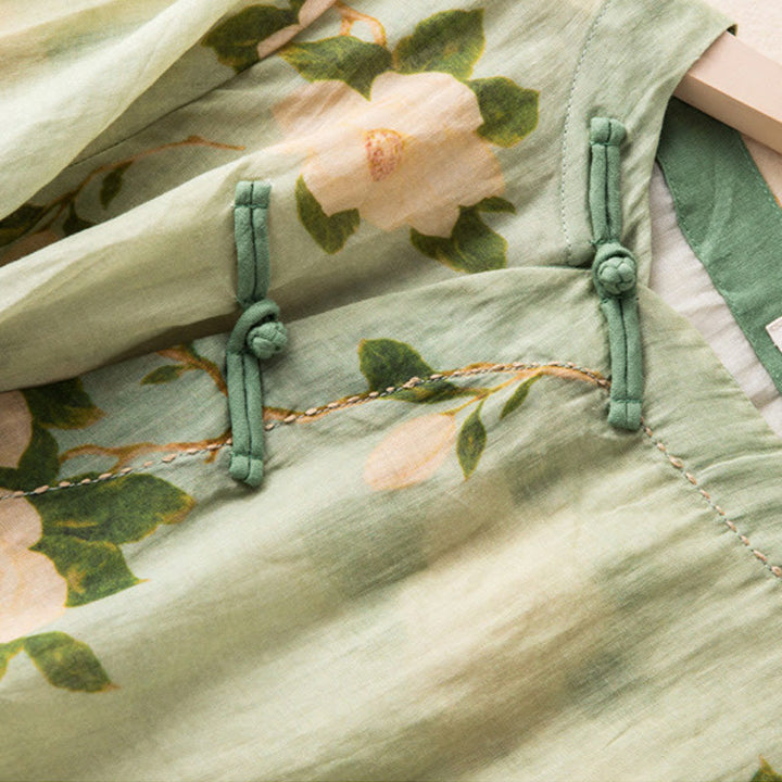 Buddha Stonesライトグリーン カジュアル アーティスティックプリント 花柄 中国風 カエルボタンデザイン レディース コットンリネン 長袖シャツ カーディガン - image 6