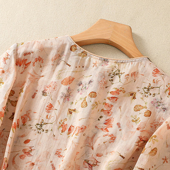 Buddha Stones夏 カジュアル プリント カエルボタンデザイン レディース コットンリネン 長袖シャツ - image 3