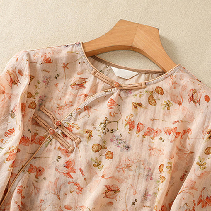 Buddha Stones夏 カジュアル プリント カエルボタンデザイン レディース コットンリネン 長袖シャツ - image 2