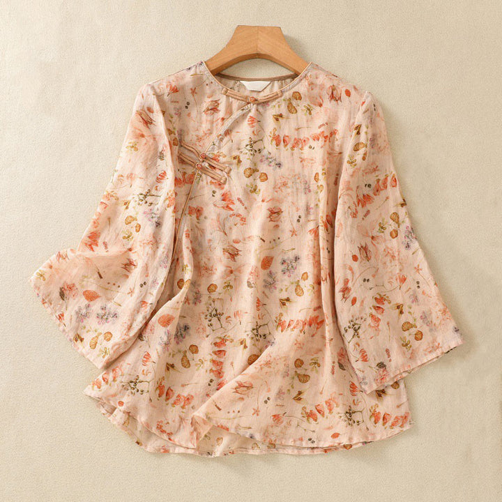 Buddha Stones夏 カジュアル プリント カエルボタンデザイン レディース コットンリネン 長袖シャツ - ナバホホワイト - US8-10，UK/AU12-14，EU40-42 (2XL) - image 0