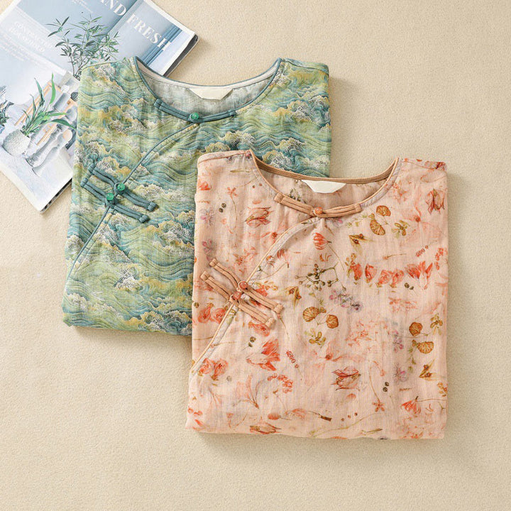 Buddha Stones夏 カジュアル プリント カエルボタンデザイン レディース コットンリネン 長袖シャツ - image 19