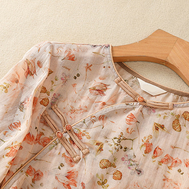 Buddha Stones夏 カジュアル プリント カエルボタンデザイン レディース コットンリネン 長袖シャツ - image 4