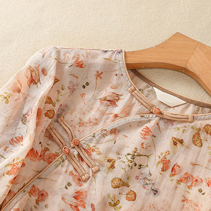 Buddha Stones夏 カジュアル プリント カエルボタンデザイン レディース コットンリネン 長袖シャツ - image 4