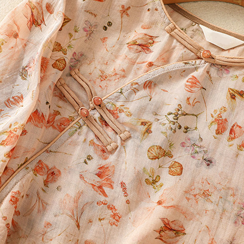 Buddha Stones夏 カジュアル プリント カエルボタンデザイン レディース コットンリネン 長袖シャツ - image 5