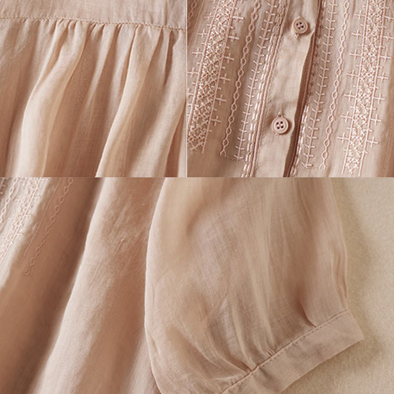 Buddha Stones夏 ヴィンテージ カジュアル 純色 刺繍 ボタンデザイン レディース コットン リネン 半袖シャツ - image 7