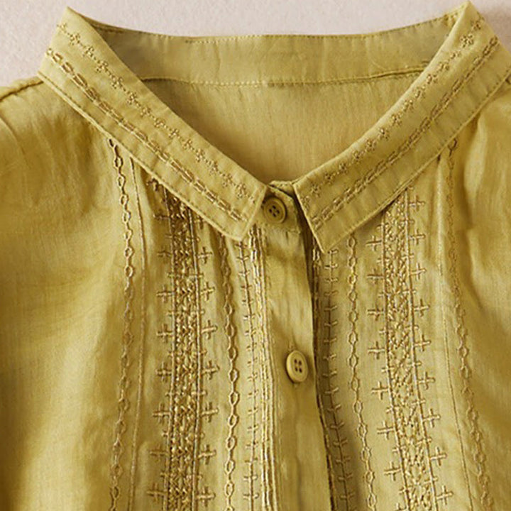 Buddha Stones夏 ヴィンテージ カジュアル 純色 刺繍 ボタンデザイン レディース コットン リネン 半袖シャツ - image 10