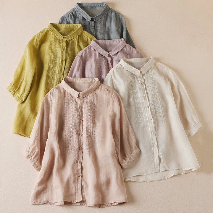 Buddha Stones夏 ヴィンテージ カジュアル 純色 刺繍 ボタンデザイン レディース コットン リネン 半袖シャツ - image 27