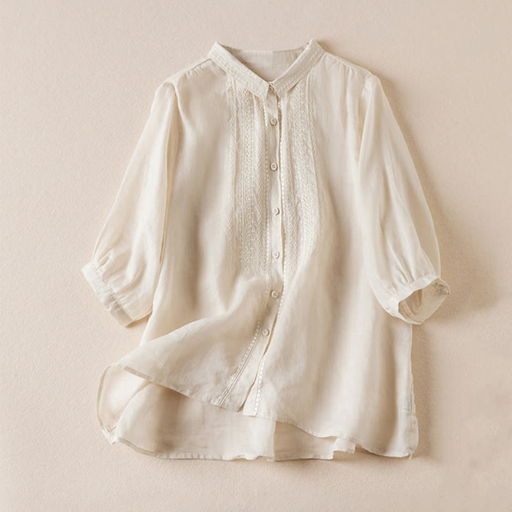 Buddha Stones夏 ヴィンテージ カジュアル 純色 刺繍 ボタンデザイン レディース コットン リネン 半袖シャツ - ベージュ - US8-10，UK/AU12-14，EU40-42 (2XL) - image 14