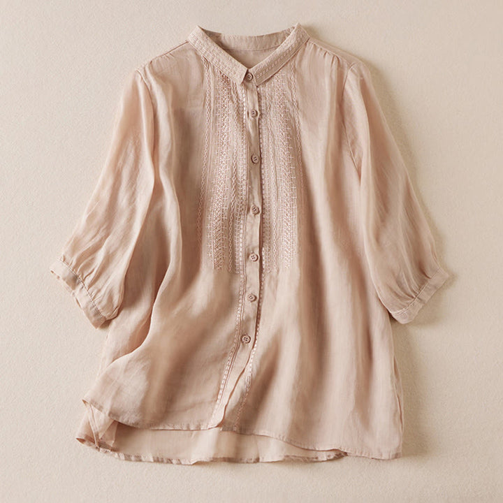 Buddha Stones夏 ヴィンテージ カジュアル 純色 刺繍 ボタンデザイン レディース コットン リネン 半袖シャツ - バーリーウッド - US8-10，UK/AU12-14，EU40-42 (2XL) - image 0