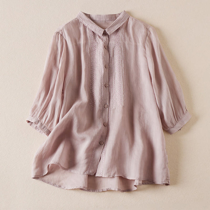 Buddha Stones夏 ヴィンテージ カジュアル 純色 刺繍 ボタンデザイン レディース コットン リネン 半袖シャツ - 梅 - US8-10，UK/AU12-14，EU40-42 (2XL) - image 19