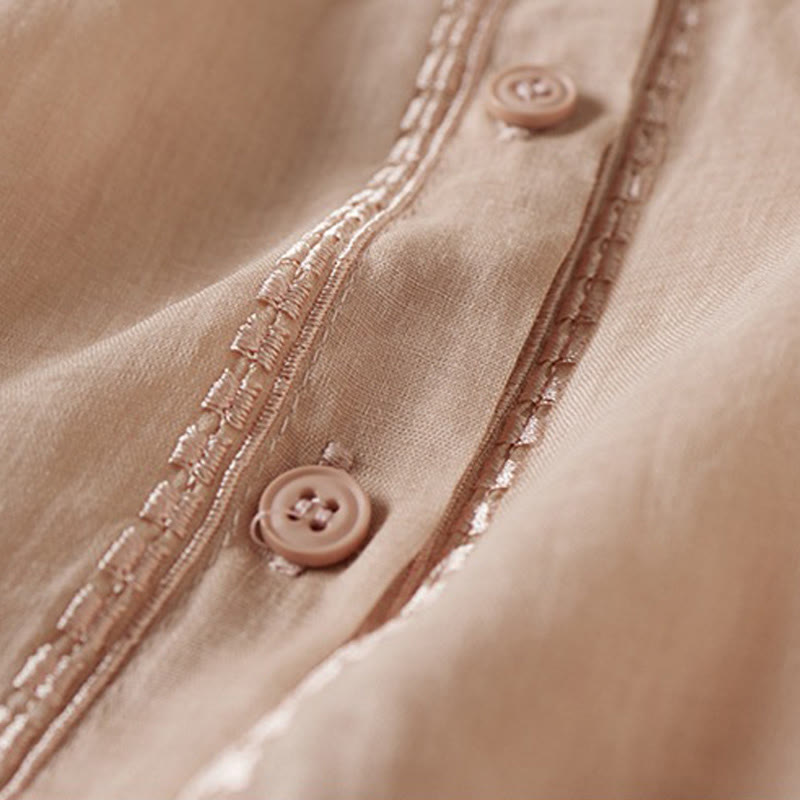 Buddha Stones夏 ヴィンテージ カジュアル 純色 刺繍 ボタンデザイン レディース コットン リネン 半袖シャツ - image 4