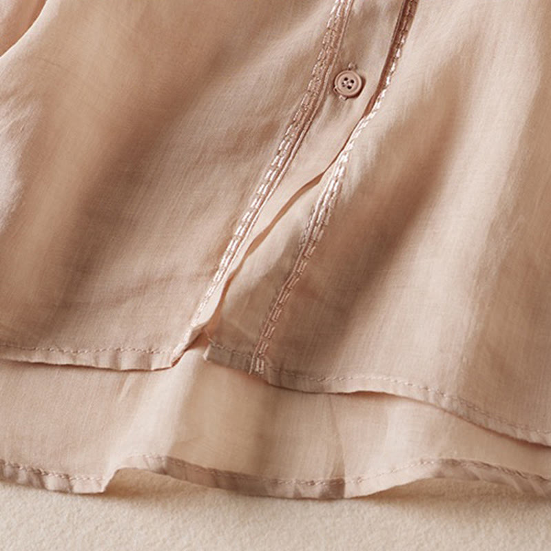 Buddha Stones夏 ヴィンテージ カジュアル 純色 刺繍 ボタンデザイン レディース コットン リネン 半袖シャツ - image 5