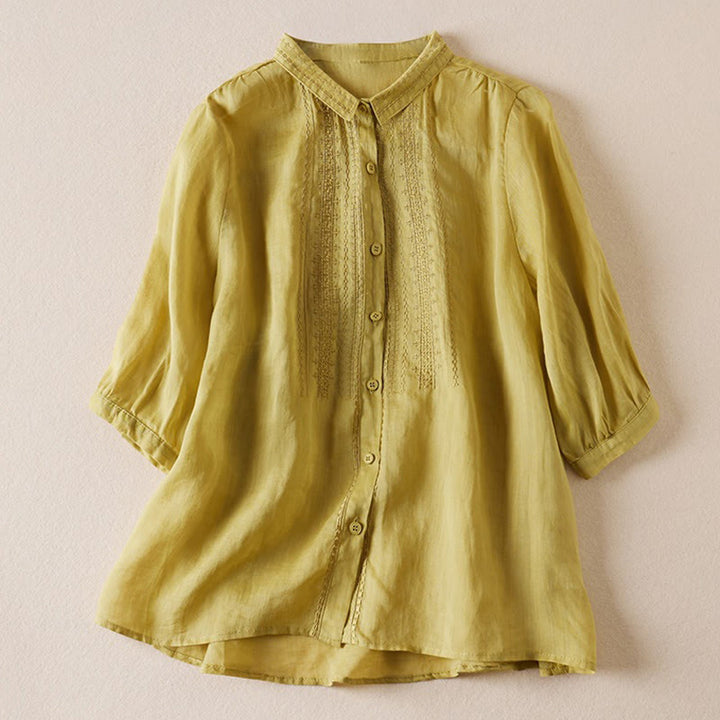 Buddha Stones夏 ヴィンテージ カジュアル 純色 刺繍 ボタンデザイン レディース コットン リネン 半袖シャツ - 黄緑 - US8-10，UK/AU12-14，EU40-42 (2XL) - image 8