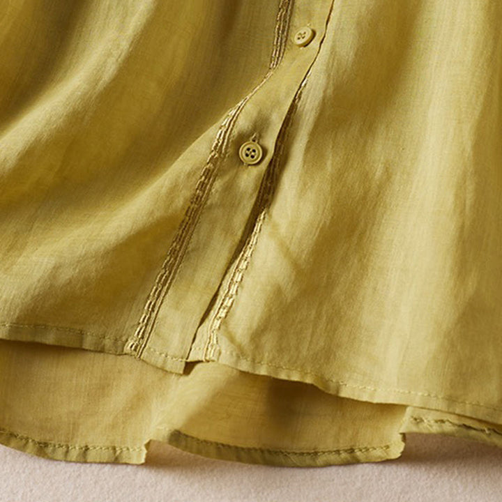 Buddha Stones夏 ヴィンテージ カジュアル 純色 刺繍 ボタンデザイン レディース コットン リネン 半袖シャツ - image 12