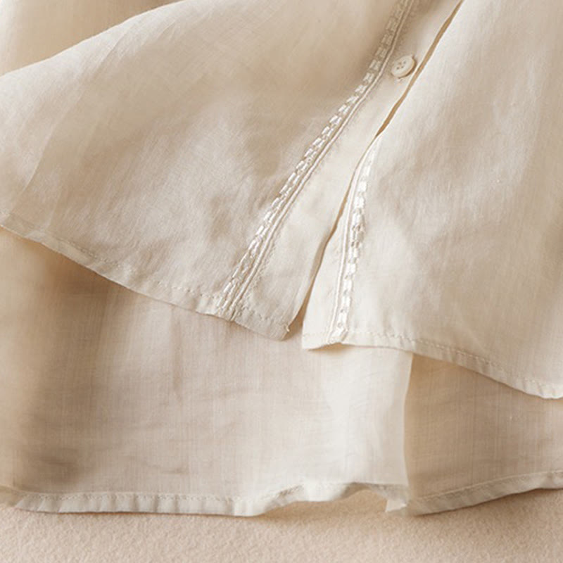 Buddha Stones夏 ヴィンテージ カジュアル 純色 刺繍 ボタンデザイン レディース コットン リネン 半袖シャツ - image 17