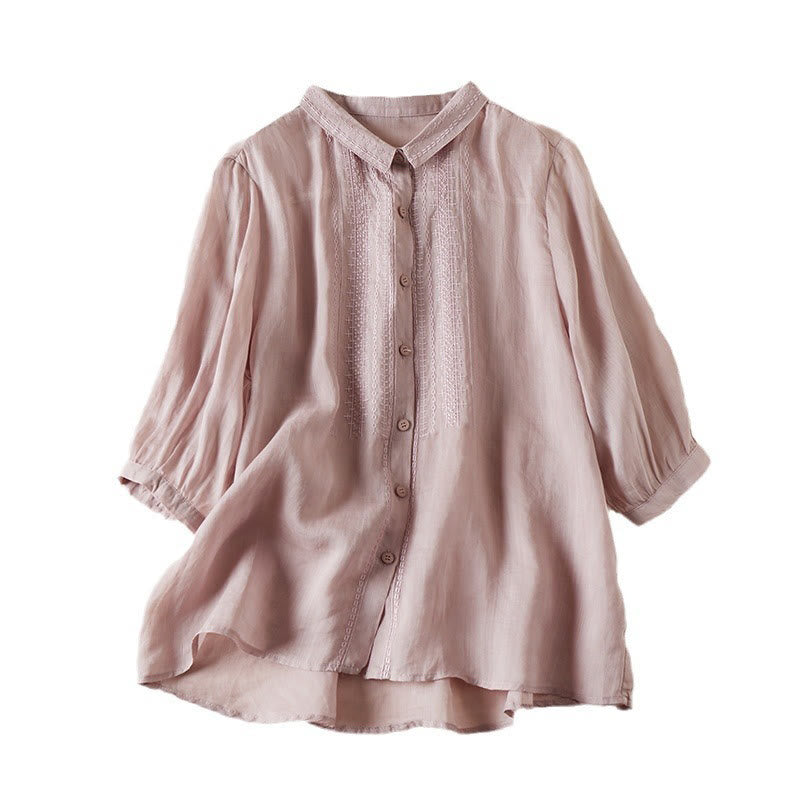 Buddha Stones夏 ヴィンテージ カジュアル 純色 刺繍 ボタンデザイン レディース コットン リネン 半袖シャツ - image 26