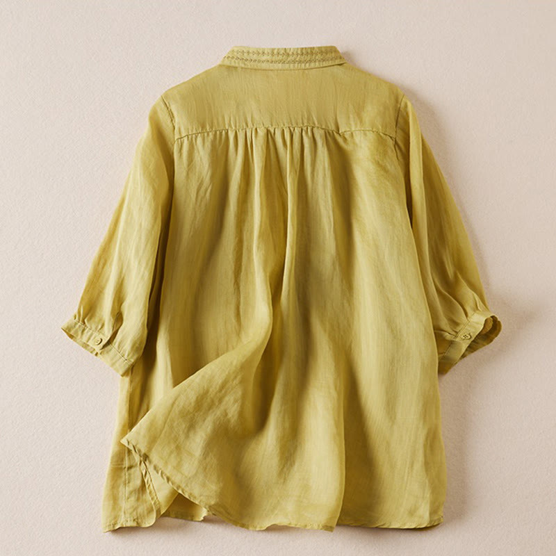 Buddha Stones夏 ヴィンテージ カジュアル 純色 刺繍 ボタンデザイン レディース コットン リネン 半袖シャツ - image 9