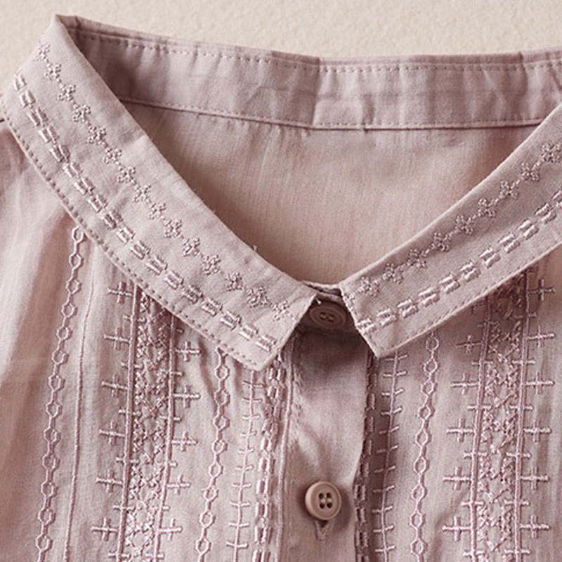 Buddha Stones夏 ヴィンテージ カジュアル 純色 刺繍 ボタンデザイン レディース コットン リネン 半袖シャツ - image 21