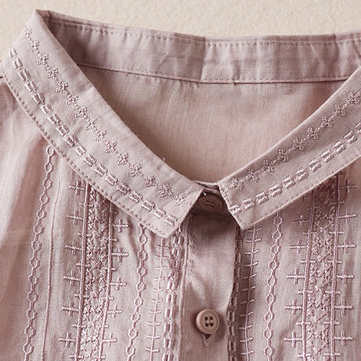 Buddha Stones夏 ヴィンテージ カジュアル 純色 刺繍 ボタンデザイン レディース コットン リネン 半袖シャツ - image 21