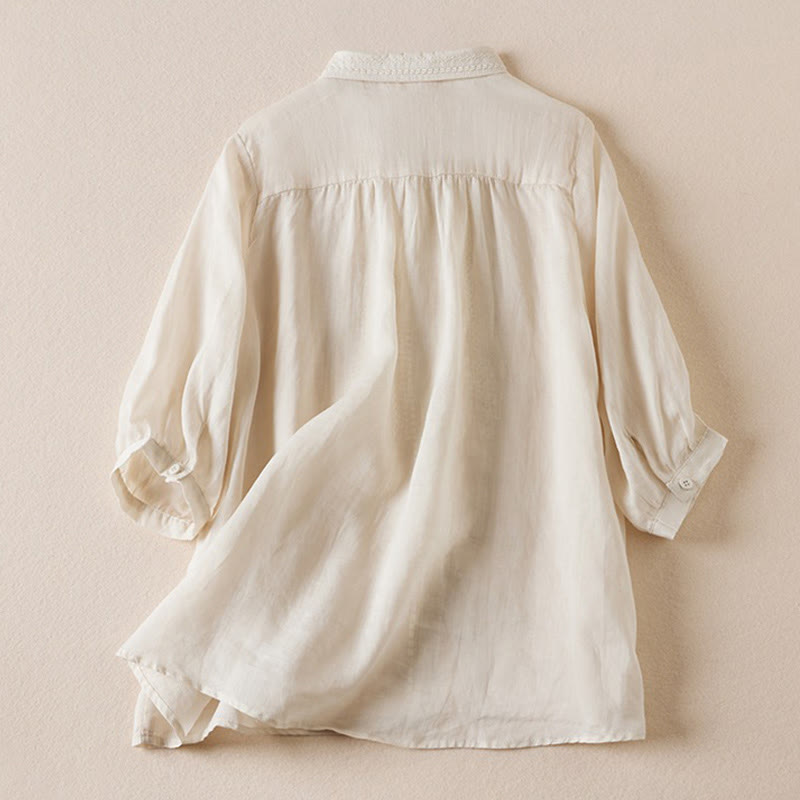 Buddha Stones夏 ヴィンテージ カジュアル 純色 刺繍 ボタンデザイン レディース コットン リネン 半袖シャツ - image 15