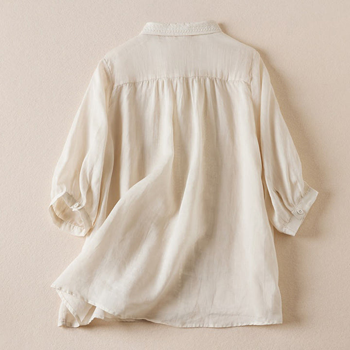 Buddha Stones夏 ヴィンテージ カジュアル 純色 刺繍 ボタンデザイン レディース コットン リネン 半袖シャツ - image 15