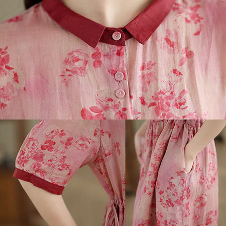 Buddha Stonesレトロプリント花柄ドローストリングデザイン半袖コットンミディドレス（ポケット付き） - image 5