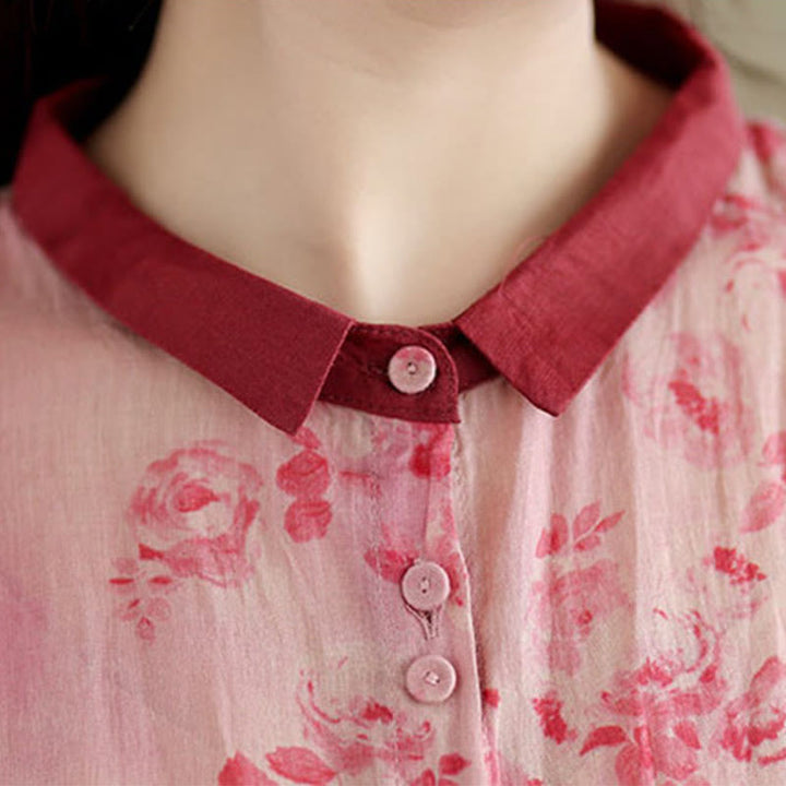 Buddha Stonesレトロプリント花柄ドローストリングデザイン半袖コットンミディドレス（ポケット付き） - image 4