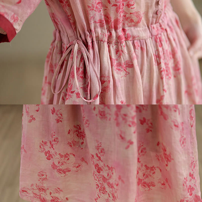 Buddha Stonesレトロプリント花柄ドローストリングデザイン半袖コットンミディドレス（ポケット付き） - image 6