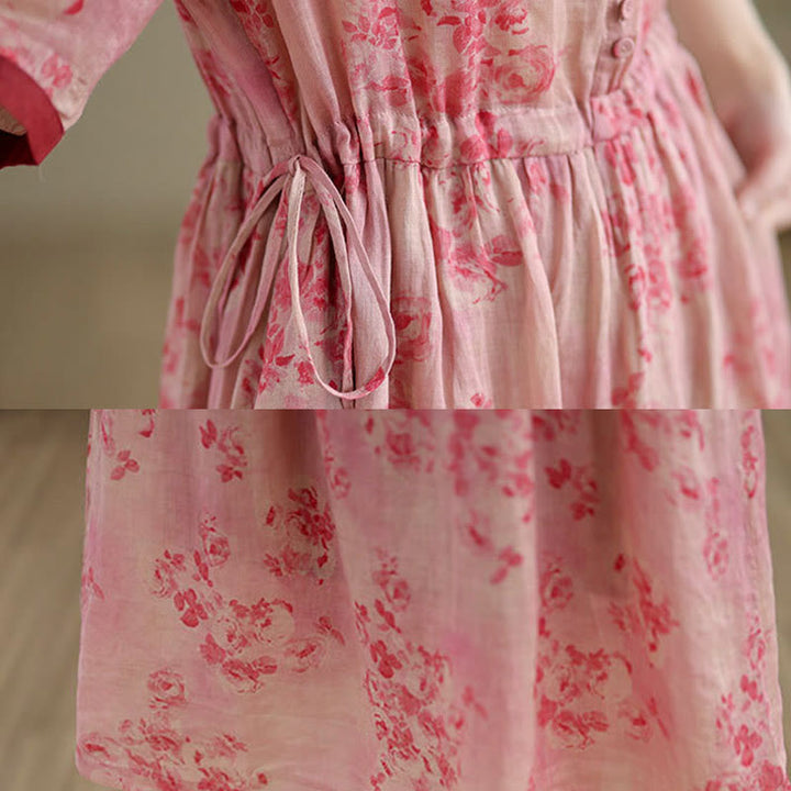 Buddha Stonesレトロプリント花柄ドローストリングデザイン半袖コットンミディドレス（ポケット付き） - image 6