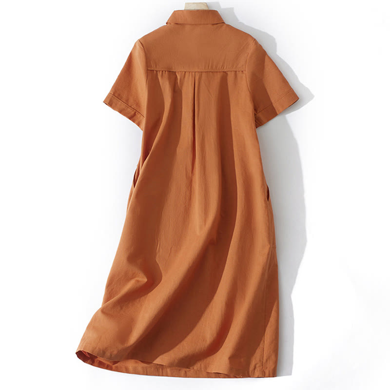 Buddha Stonesサマー レトロ 無地 ボタンデザイン 半袖 コットン ミディドレス ポケット付き - image 1