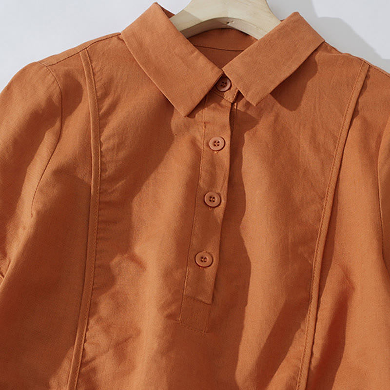 Buddha Stonesサマー レトロ 無地 ボタンデザイン 半袖 コットン ミディドレス ポケット付き - image 2